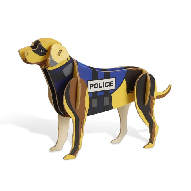 A wooden model of a police dog in black, brown, and blue, featuring a police uniform design.