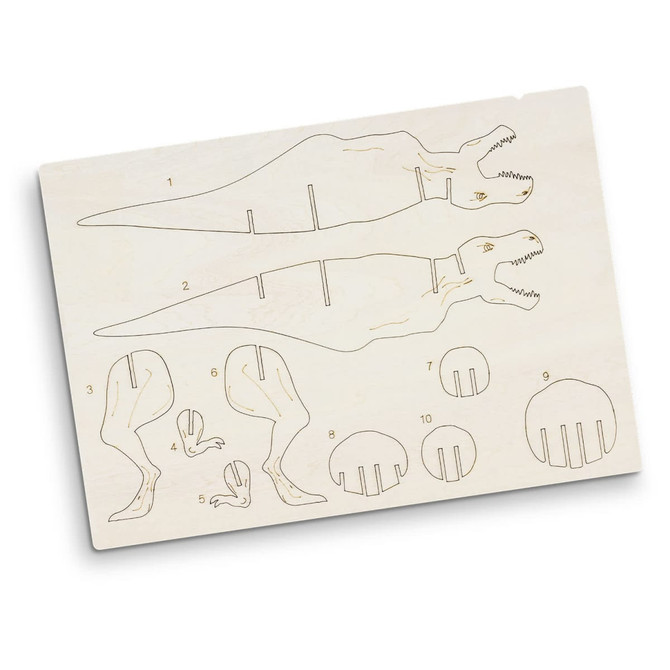 A wooden model kit featuring a Tyrannosaurus Rex with cut-out pieces, ready for assembly. The model is light timber in colour.