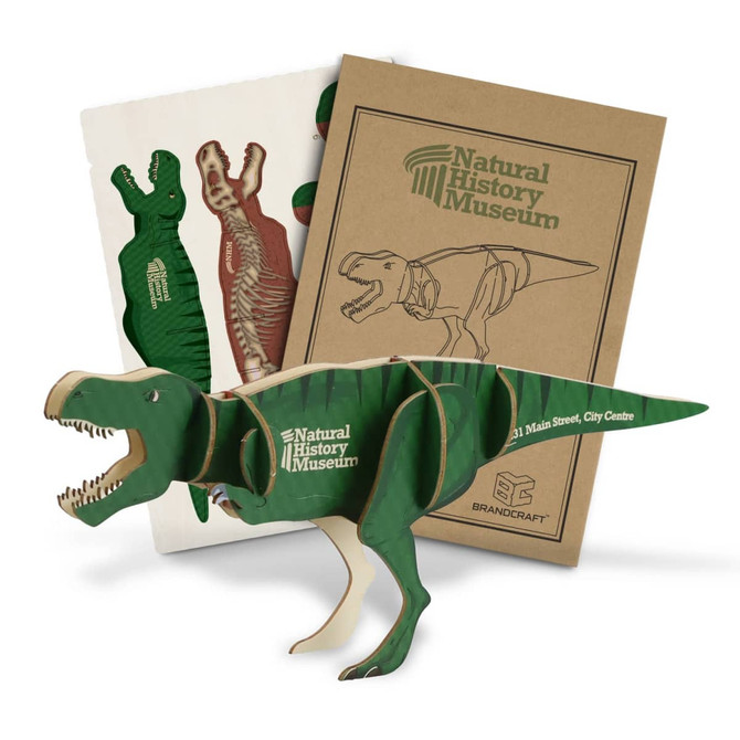 A green wooden Tyrannosaurus Rex model with anatomical pieces and packaging from the Natural History Museum.
