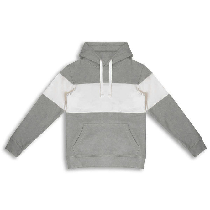 A grey and white unisex hoodie featuring a hood and front pocket, with a branding logo.