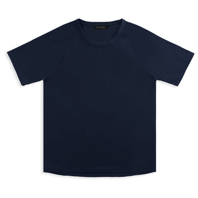 A navy women's sports T-shirt with a round neckline and short sleeves, featuring a logo.
