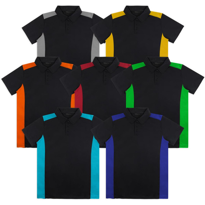 A collection of TRENDSWEAR Apex men's polo shirts in black with contrasting coloured panels in various shades.
