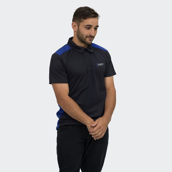 A navy and blue men's polo shirt with a logo, featuring short sleeves and a classic collar.