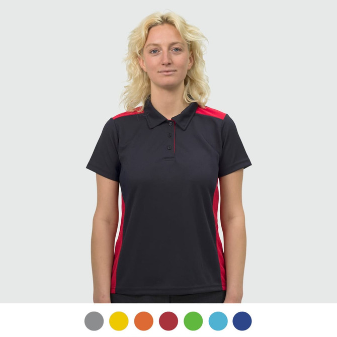 A women's polo shirt in black with red accents, featuring a collar and a branding logo. Available in various colours.