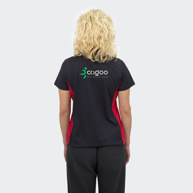 A women's polo shirt in black with red accents and a logo on the back.