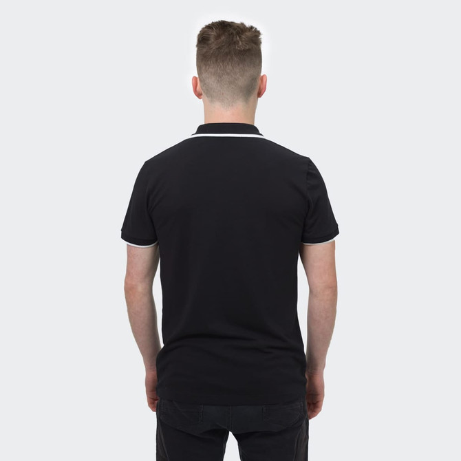 A black polo shirt with contrasting trim, featuring a small logo on the back.