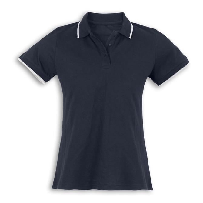 A navy blue women's polo shirt with white collar and sleeve accents. The shirt has a logo on it.