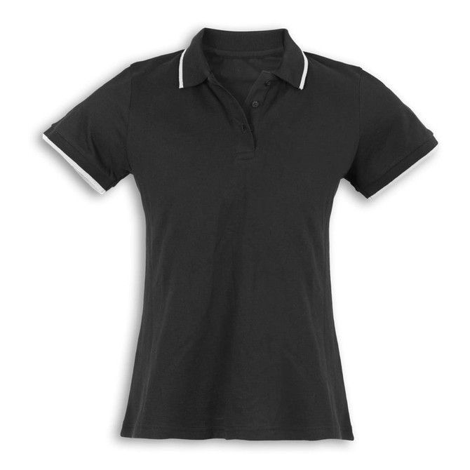 A black women's polo shirt with a collar, featuring white trim on the sleeves and neckline. It has a logo.
