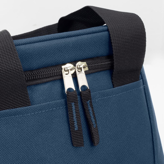 A blue lunch cooler bag featuring dual zipper pulls and sturdy black handles. It has a simple design and a logo.