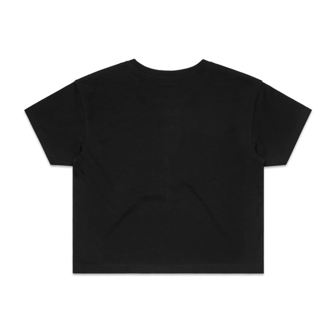 A black cropped t-shirt with a simple design and a logo on the back.
