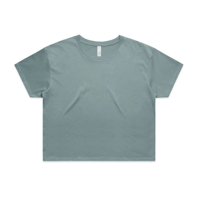 A teal crop tee with a round neckline and short sleeves, featuring a logo on the label.