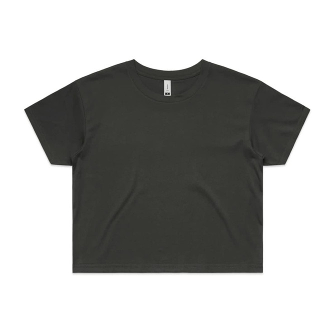 A dark green crop tee with a classic crew neckline and short sleeves, featuring a logo on the label.