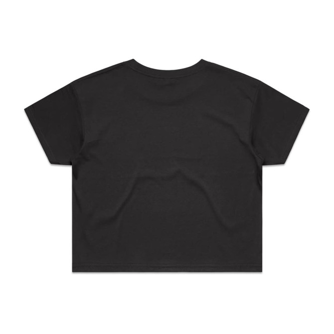 A black crop tee with short sleeves and a relaxed fit. The back side features a plain design and includes a logo.