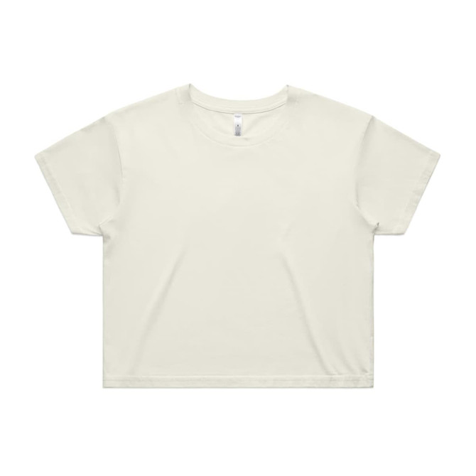 A light cream crop tee with a relaxed fit, featuring short sleeves and a simple design. It has a brand logo.