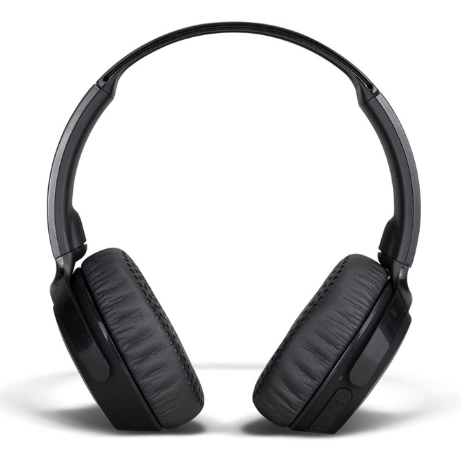 Black wireless headphones with cushioned ear cups and adjustable headband, featuring a logo on the side.