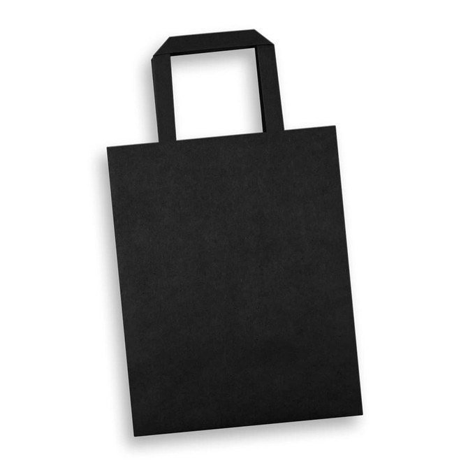 A black medium flat handle paper bag with a portrait orientation and no visible branding.