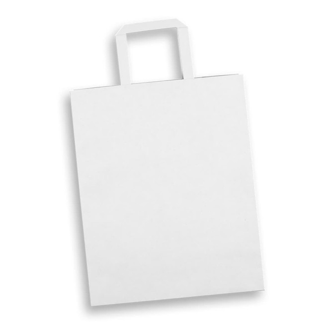 A large, plain white paper bag with a flat handle and portrait orientation. It features a logo on one side.