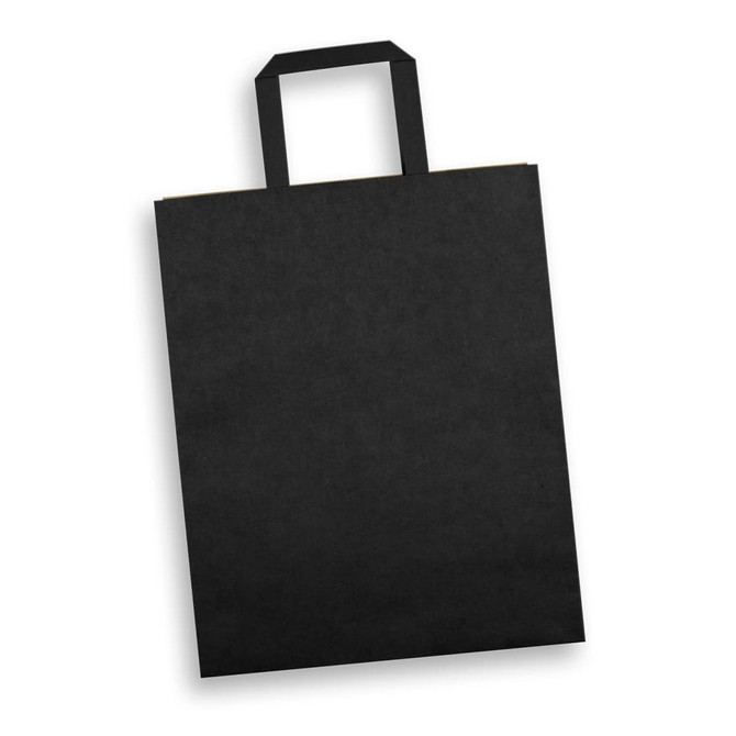 A large black flat handle paper bag with a straightforward design. It features a sturdy handle and a smooth surface.