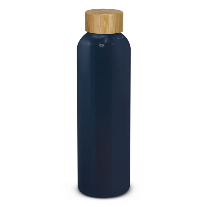 A drink bottle in navy blue with a bamboo lid, featuring a sleek, modern design and a branding logo.