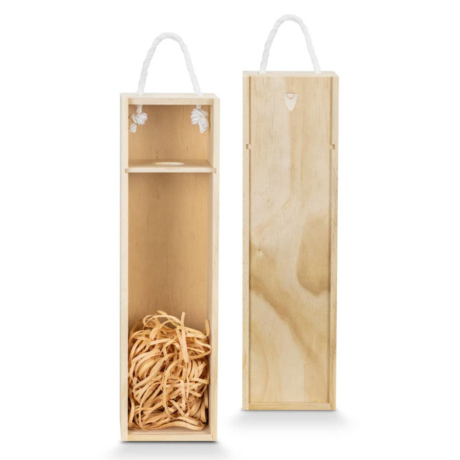A wooden wine gift box with a rope handle, featuring shredded straw fill inside. The box is light in colour.