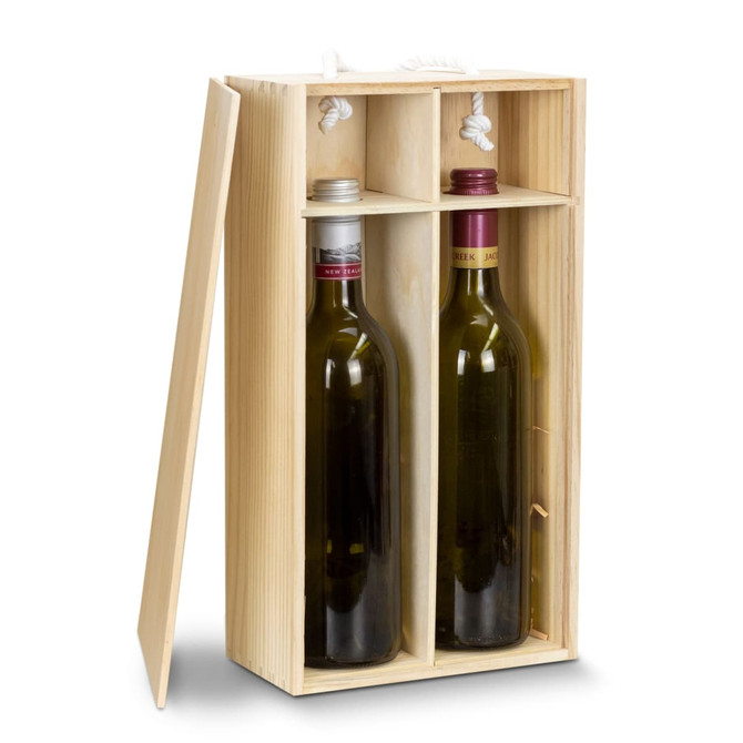 A wooden gift box containing two wine bottles, featuring a natural finish and a rope handle.