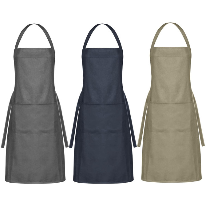 Three Santini aprons are displayed in grey, navy, and khaki, each featuring a simple design with a logo. Three Santini aprons are displayed in grey, navy, and khaki, each featuring a simple design with a logo.