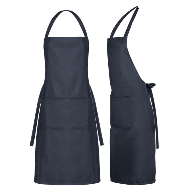 A dark navy apron with a pocket, featuring adjustable straps and a simple design, includes a logo.