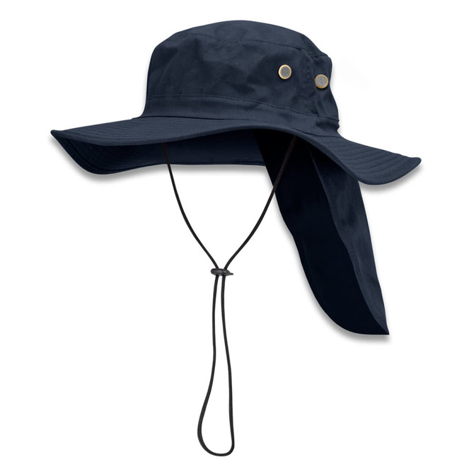 A wide-brimmed navy hat with a neck flap and drawstring, featuring decorative metal buttons and a logo.