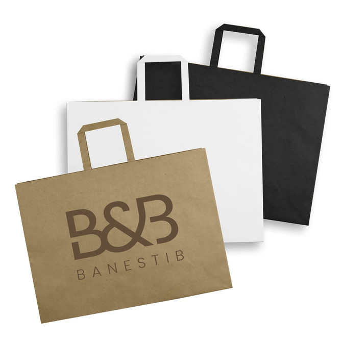 Three extra large flat handle paper bags in brown, white, and black, with a logo on the brown bag.