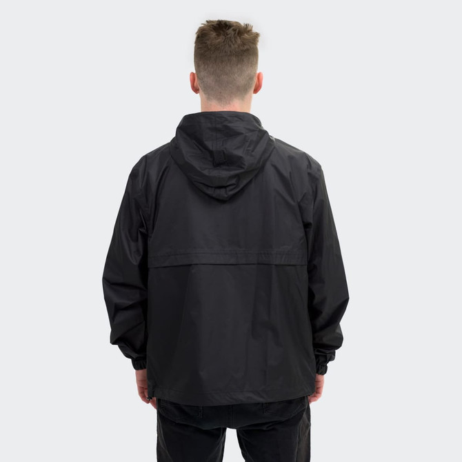 A black men's windbreaker jacket with a hood, featuring a simple design and a logo.