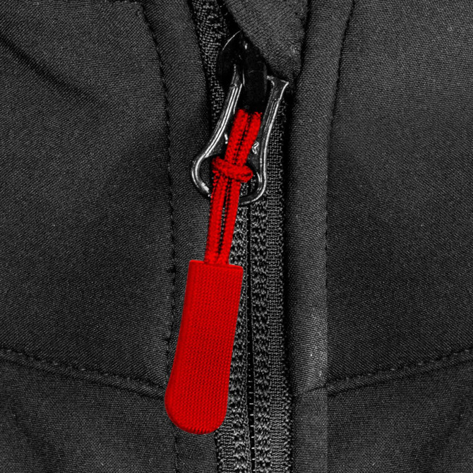 A black vest featuring a central zip with a red zip pull. The vest has a simple, streamlined design.