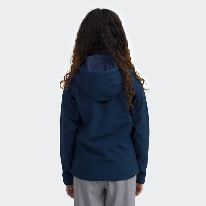 A navy soft shell jacket with a hood, featuring a logo, viewed from the back on a model.