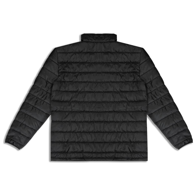 A black unisex puffer jacket with a quilted design and a high collar, featuring a logo.