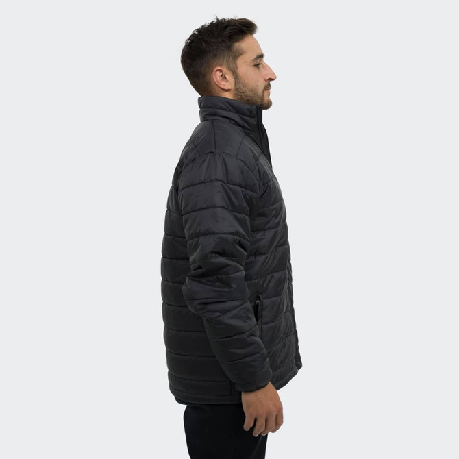 A men's puffer jacket in dark grey, featuring a stand-up collar and a side view of the design.