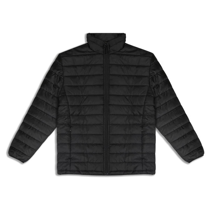 A black puffer jacket with a zip front and a simple design. It features a branding logo on one side.