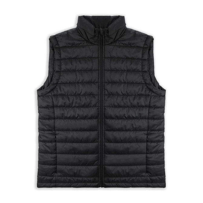 A black puffer vest with a high collar and zip closure, featuring a logo on the front.