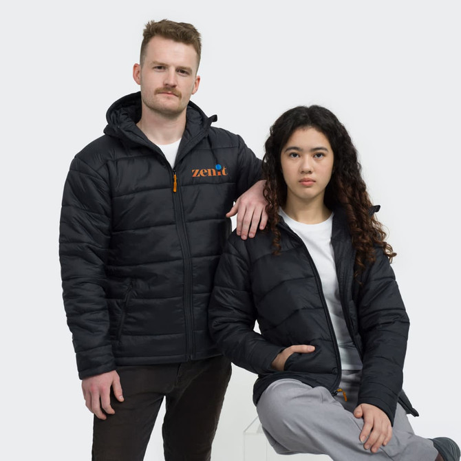 Two models wearing black puffer jackets, one with a hood, posing against a neutral background.
