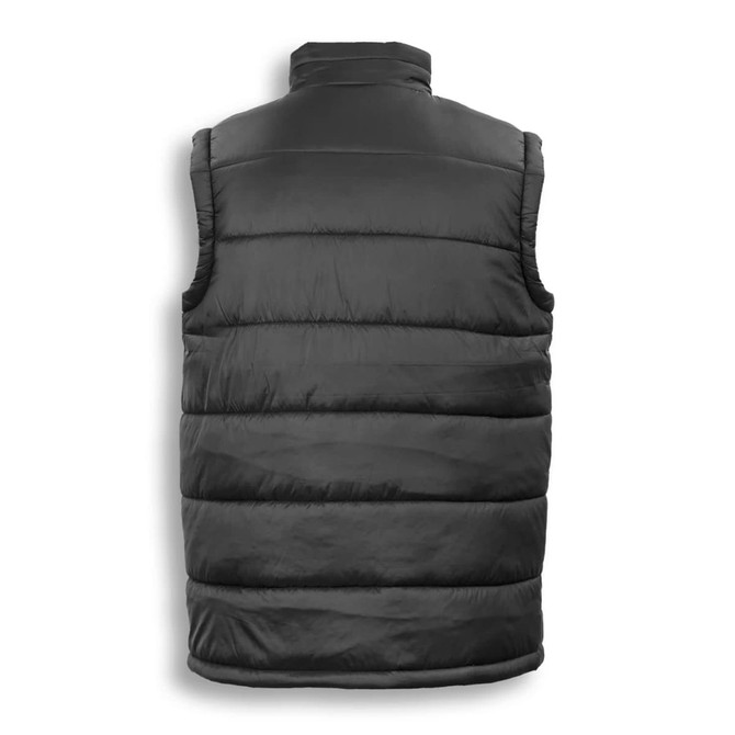 A black puffer vest with a high collar and horizontal seams, featuring a logo on the back.