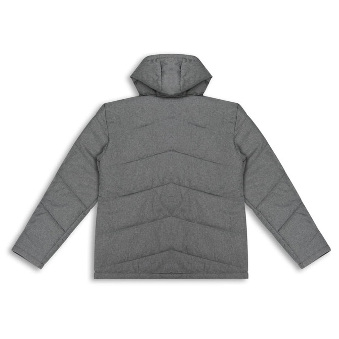 A grey women's puffer jacket with a hood and a textured design, featuring a logo on the back.