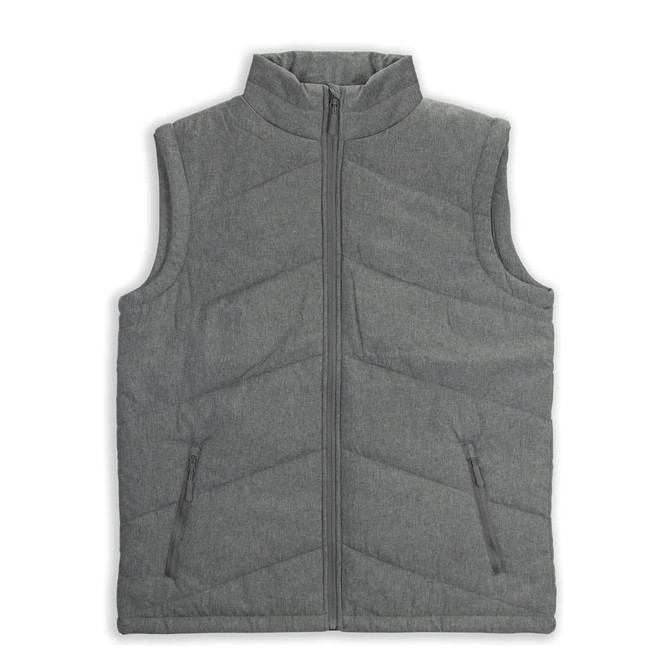 A grey puffer vest featuring a zip closure and side pockets. The vest has a chevron quilted pattern and a high collar.