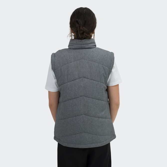 A women's puffer vest in grey with a high collar and quilted design, featuring a logo on the back.