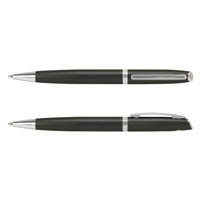 A metal pen featuring a sleek black body and silver accents, displayed from two angles. It includes a logo.