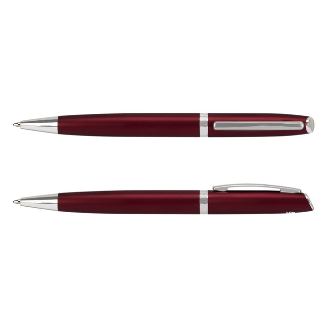 A metal pen in a deep burgundy colour with silver accents and a sleek design, featuring a logo.