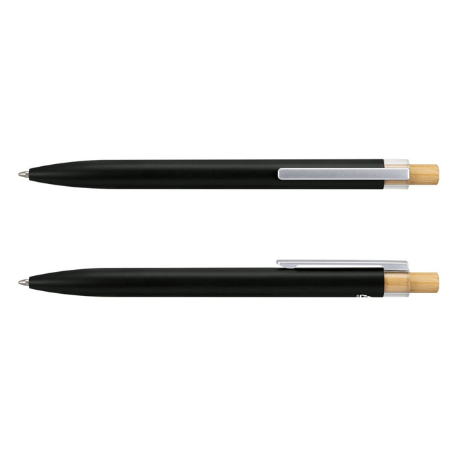 A black metal pen with a wooden accent and a silver clip, featuring a logo on the barrel.
