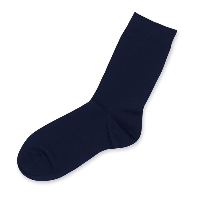 Navy blue business sock with a solid design, featuring a logo on the side.