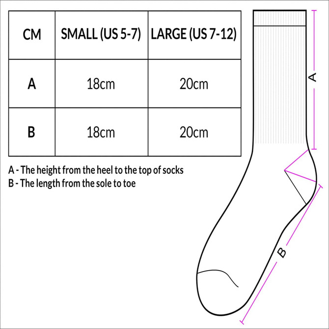 A diagram of socks with size measurements for small and large, including dimensions in centimetres.