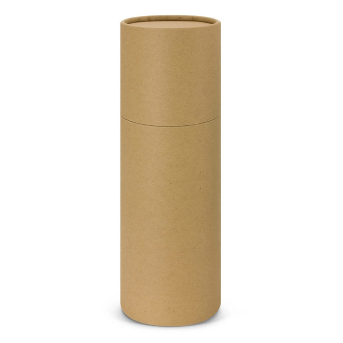 A cylindrical brown cardboard tube, designed for packaging, with a secured top and smooth surface.