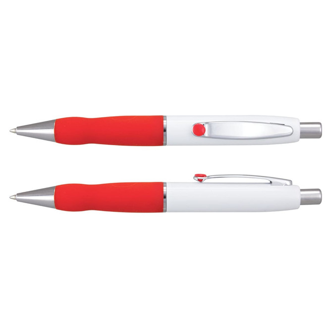 A metal pen with a white barrel and red rubber grip featuring a chrome clip and tip. Contains branding.