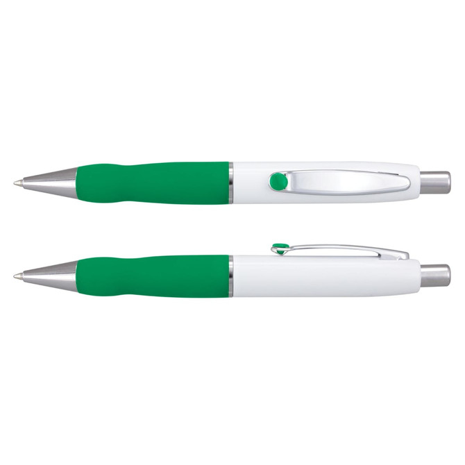 A metal pen with a white barrel and green grip, featuring a silver clip and trim. It has a logo on the body.
