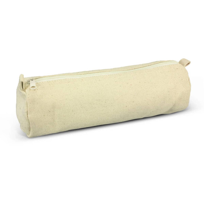 A beige pencil case with a zip closure, featuring a simple design and a fabric texture.